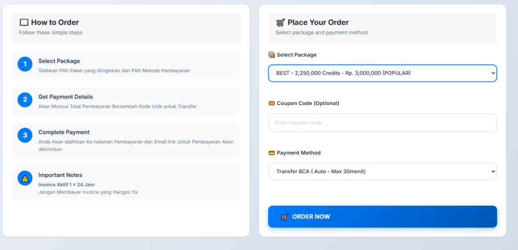 tampilan form order credits mailketing