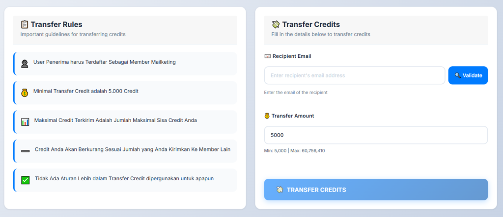tampilan form transfer credit mailketing